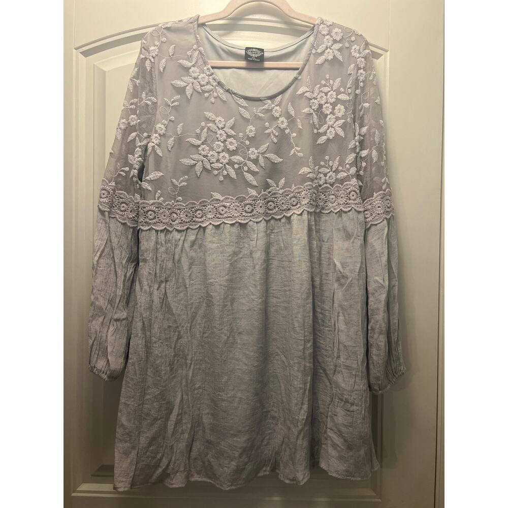 Calstyle Women Embroidered Lace Slinky‎ Cottage Pullover Mini Dress Size XL Gray